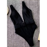 Слитный черный купальник с декольте + пояс S, M