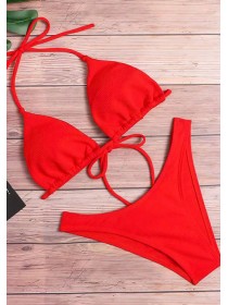 Червоний яскравий купальник в рубчик плавки бразільяна