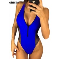 Сдельный женский купальник с молнией на декольте сетка S, M