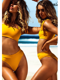 Жовтий яскравий купальник бандо + високі бразільяна на гумці