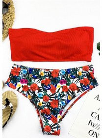 Червоний купальник бандо + бразилиана квітковим принтом