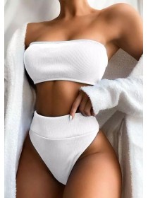 Білий купальник бандо + високі бразилиана в рубчик