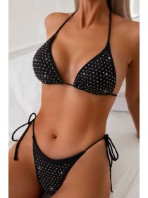 Чорний купальник трикутник на зав'язках плавки бразиліана зі стразами