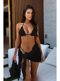 Чорний жіночий купальник трійка спідницею з квітами