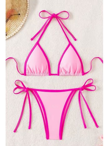 Розовый женский купальник треугольник на завязках бразилиана