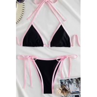Женский черно-розовый купальник треугольник на завязках бразилиана