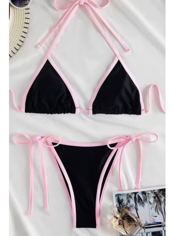 Женский черно-розовый купальник треугольник на завязках бразилиана