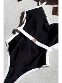 Чорний з білим суцільний жіночий купальник з поясом