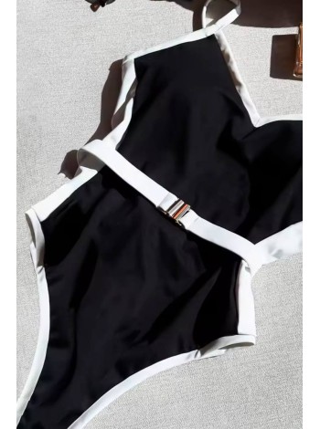 Черный с белым цельный женский купальник с поясом