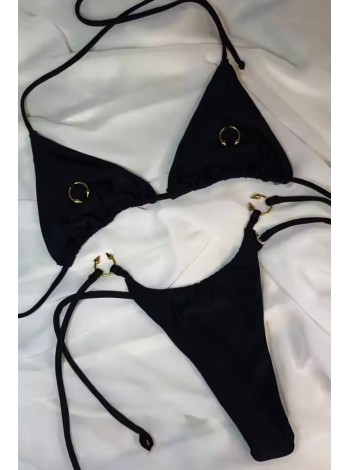 Черный женский треугольный купальник на завязках с пирсингом