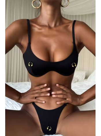 Чорний жіночий купальник на регуляторах з пірсингом