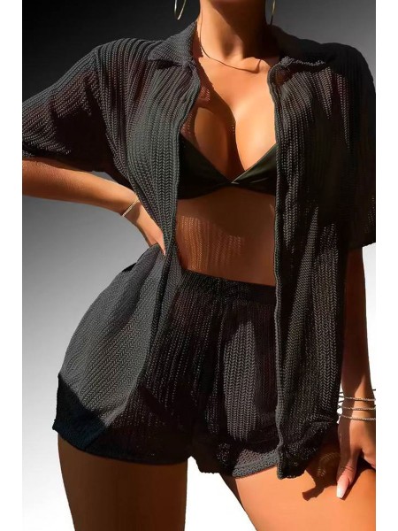 Черный пляжный женский костюм рубашка с шортами