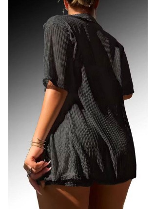 Черный пляжный женский костюм рубашка с шортами