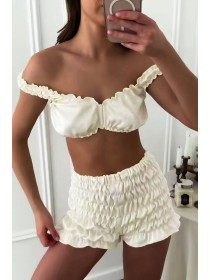 Молочный шелковый комплект для дома с рюшами топ с шортами S, M