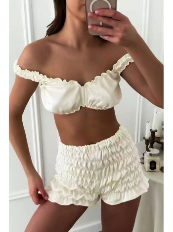 Молочный шелковый комплект для дома с рюшами топ с шортами S, M