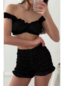 Черный атласный женский комплект для дома с рюшами S, M