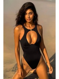 Чорний жіночий купальник-боді суцільний з глибоким декольте бразиліана