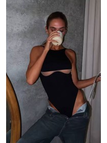 Чорний купальник-боді цільний прикрашений сіткою на грудях бразиліана