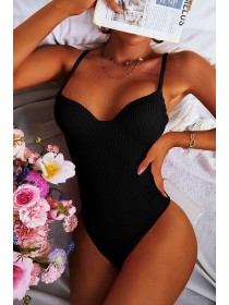 Чорний жіночий суцільний купальник-боді жатка з чашками S, M