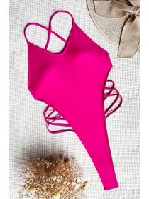 Неоновий рожевий суцільний купальник з високою посадкою  