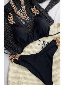Чорний жіночий купальник шторки з золотими ланцюжками